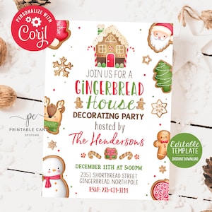 Gingerbread House Decorating Invite Holiday Party Invitation Christmas Template Red Green Editable Printable File
