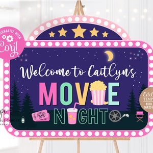 Editable Backyard Movie Night Welcome Sign Outdoor Movie Birthday Party Decor Girl Sleepover Template Instant Download