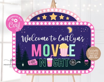 Editable Backyard Movie Night Welcome Sign Outdoor Movie Birthday Party Decor Girl Sleepover Template Instant Download