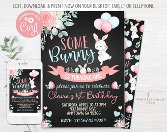 Bunny Birthday Invitation Editable Bunny 1st Birthday Invite Pink Chalk Spring Floral Theme Instant download Template