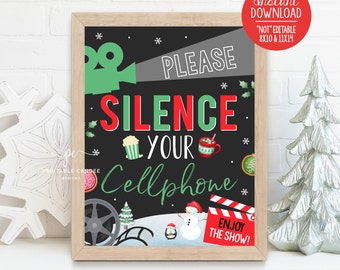 Christmas Movie Night Printable Silence Cellphone Sign Holiday Movie Birthday Party Decor Hot Cocoa Instant Download