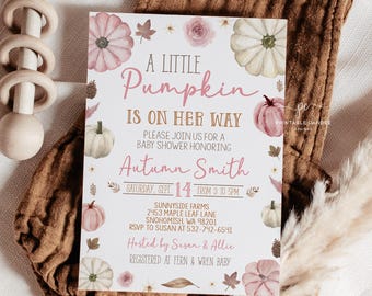 May include: A baby shower invitation with a pumpkin theme. The invitation features the text "A Little Pumpkin Is On Her Way" in pink script, along with floral and pumpkin illustrations. The invitation is on a brown background.