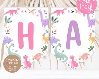 Pastel Dinosaur Editable Party Flags Girl Dino Birthday Flag Banner Template Cute Dino Pink Decor Printable DG24