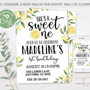 Editable BLW1 Boho Lemon Wreath Sweet 16 Party Invitation Template Printable Rustic Watercolor Lemon Wreath Summer Sweet Sixteen Invite