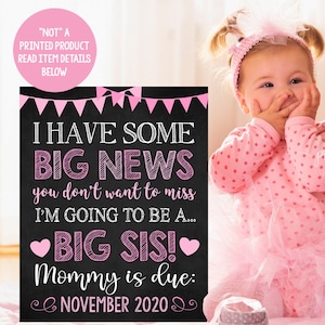 Pink Big Sister Announcement Pregnancy Photoshoot Prop Promoted to Big Sis Sign Custom Colors Printable File