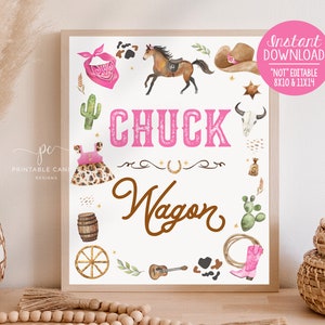 May include: A printable sign with a white background and pink and brown text that says "Chuck Wagon". The sign is decorated with watercolor illustrations of a cowboy hat, a cactus, a horseshoe, a wagon wheel, a guitar, a boot, and a horse.