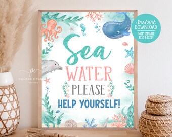 May include: Printable sign with a blue whale, starfish, and coral reef design. The sign says "Sea Water Please Help Yourself!" in a teal, pink, and blue font.