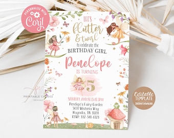 May include: A printable fairy birthday party invitation template with a pink and gold color scheme. The invitation features a fairy with wings and a flower crown, butterflies, and the text "Let's flutter & twirl to celebrate the birthday girl Penelope is turning 5".