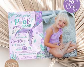 May include: Purple and teal mermaid-themed pool party invitation with a photo of a girl in a purple swimsuit. The invitation says "Splish Splash It's a Pool Party Bash" and includes the text "Swim over to Eriella's 6th Birthday, Saturday August 12 from 1-3PM, Eriella's Lagoon, 3641 Seastar Blvd, Blue Cove, CA, RSVP: To Mermom 326 547-0621, Bring your swimsuit and towel".