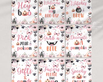Paquete de 9 letreros de Halloween para cumpleaños, color rosa, 8 x 10, para niña, decoración de mesa para fiesta fantasma, temática espeluznante, imprimible, PGSTN