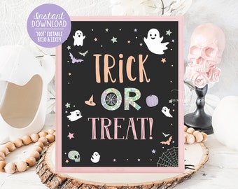 Halloween Trick or Treat Sign Pink Costume Party Decor Girl Theme Pastel Door Sign Instant Download Printable