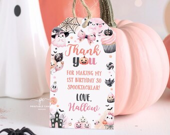 Etiquetas de regalo editables de Halloween para cumpleaños, diseño de fantasmas de niña, temática espeluznante, imprimibles, PGSTN