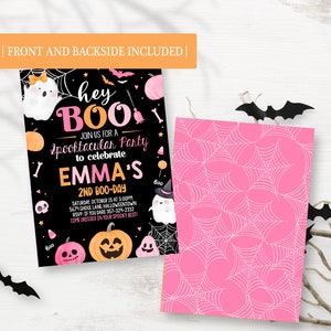 May include: Pink and black Halloween party invitation with a spiderweb pattern on the back. The front features a ghost, pumpkins, and the text "hey BOO! Join us for a Spooktacular Party to celebrate Emma's 2nd Boo-Day".