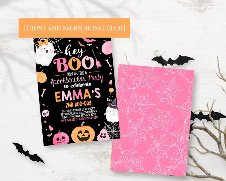 May include: Pink and black Halloween party invitation with a spiderweb pattern on the back. The front features a ghost, pumpkins, and the text "hey BOO! Join us for a Spooktacular Party to celebrate Emma's 2nd Boo-Day".