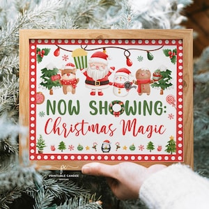 Editable Christmas Movie Night Sign Holiday Movie Party Red Green Theme Now Showing Poster Template CMNS
