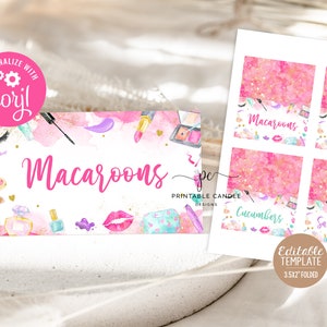 May include: Printable makeup themed food labels with pink and gold glitter background. The labels say "Macaroons", "Tea Cookies", "Cucumbers", and "Sandwiches".