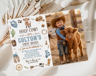Cowboy Birthday Invitation 1st Rodeo Party Highland Cow Ranch Photo Template Digital