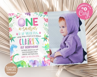 May include: A printable dinosaur-themed first birthday party invitation with a watercolor background. The invitation features a green, pink, and blue dinosaur with the text "One a-saurus & so much fun... stomp chomp and join us to celebrate Claire's 1st Birthday".