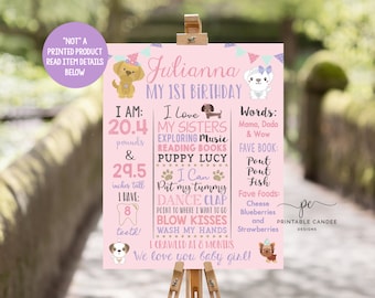 May include: Pink and white printable first birthday sign with a dog theme. The sign says "Julianna My 1st Birthday" and includes details about the child's age, weight, height, and favorite things. The sign also includes a cute illustration of a dog.