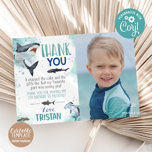 Editable Shark Thank You Boy Shark Birthday Invite Ocean Party Theme Photo Template Instant Download SHB24
