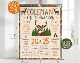 Editable Hunting First Birthday Stats Sign Camo Deer Chalkboard Milestone Poster Template Outdoors Party Decor Printable