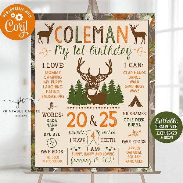 Editable Hunting First Birthday Stats Sign Camo Deer Chalkboard Milestone Poster Template Outdoors Party Decor Printable