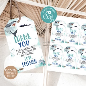 Shark Favor Tags Template Summer Boy Birthday Ocean Party Theme Editable Favors Table Printable Decor SHB24