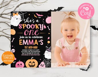 Editable Halloween Pink Ghost 1st Birthday Invite Girl Hey Boo Theme Spooktacular Photo Invitation Template Instant Download Printable