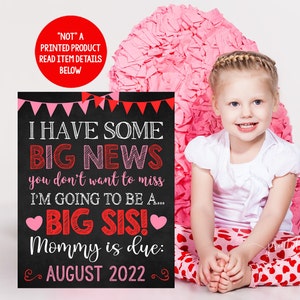 Valentine&#39;s Day Pregnancy Announcement Gold Red Promoted to Big Sister Sign Sweetheart Printable Chalkboard File