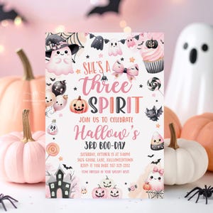 Editable Pink Halloween 3rd Birthday Invite Girl Ghost Invitation Three Spirit Party Theme Template Printable PGSTN