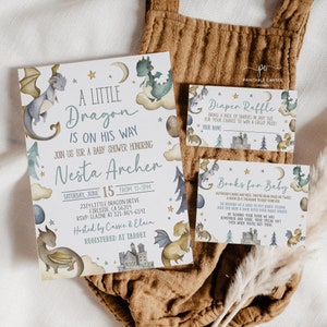 Bearbeitbare Drache-Babyparty-Einladung fügt blaues Drachen-Thema ein Es ist ein Junge-Schablonen-Windel-Gewinnbuchkarten druckbares einladen BGTBS