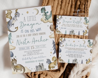 May include: Baby shower invitation set with a dragon theme. The invitation reads "A Little Dragon Is On His Way" with details for the event. Includes diaper raffle and books for baby cards. The design features dragons, castles, and stars.