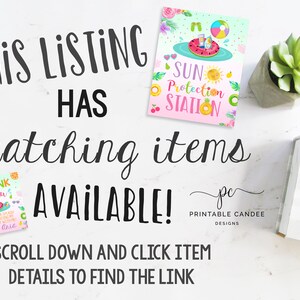 May include: A printable sign with a pink and green background featuring a watermelon pool float, sunglasses, sunscreen, and a beach ball. The text on the sign reads "Sun Protection Station".