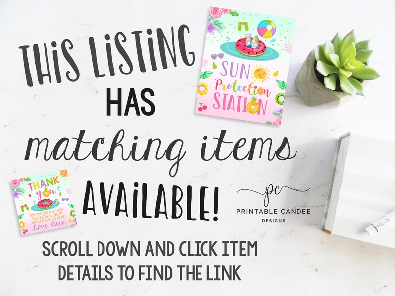 May include: A printable sign with a pink and green background featuring a watermelon pool float, sunglasses, sunscreen, and a beach ball. The text on the sign reads "Sun Protection Station".