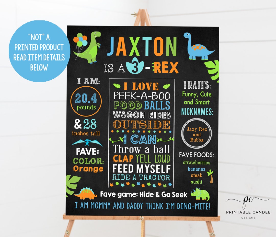 Dinosaur 3rd Birthday Chalkboard Sign Milestone Printable Etsy