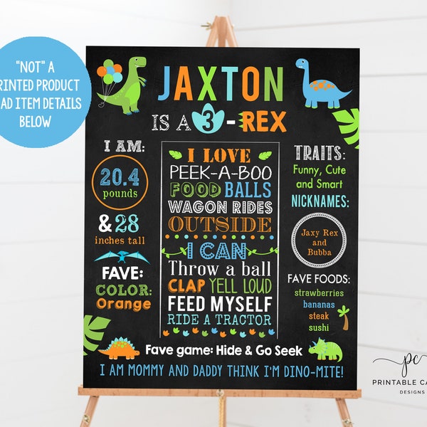 Dinosaur 3rd Birthday Chalkboard Sign Milestone Printable Stats Poster 3 Rex Birthday Dino Theme Decor Custom Board Printable File