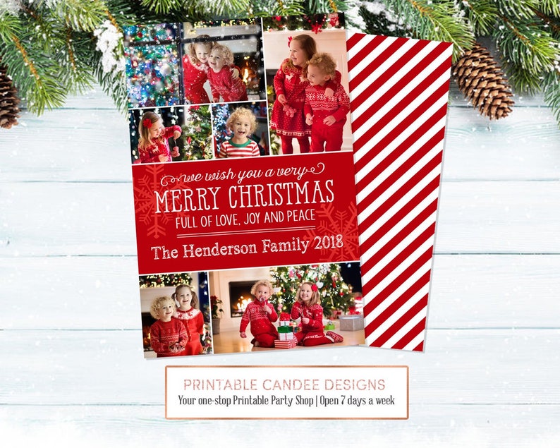May include: A red and white striped Christmas card with a collage of photos of a family. The card has the text "We wish you a very Merry Christmas Full of Love, Joy and Peace The Henderson Family 2018".