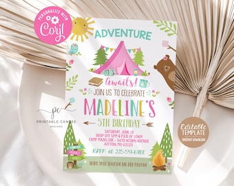 Girl Camping Birthday Invitation, Woodland Adventure (Editable Template)