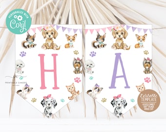 Op de afbeelding: Printbare banner met de letters "HA" in roze en paars. De banner is versierd met poot afdrukken, katten en honden. De tekst "Bewerkbare sjabloon 8,5x11 vel 5x7" vlaggen eenmaal gesneden" staat in de rechter benedenhoek.
