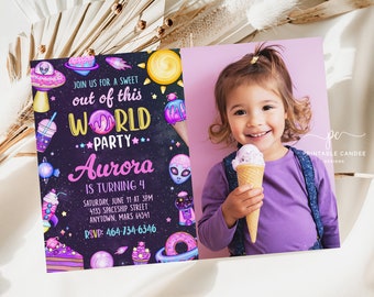 Editable Cosmic Galaxy Birthday Invitation Girl Candy Retro Space Out of this World Sweets Party Theme Template Printable SPCT