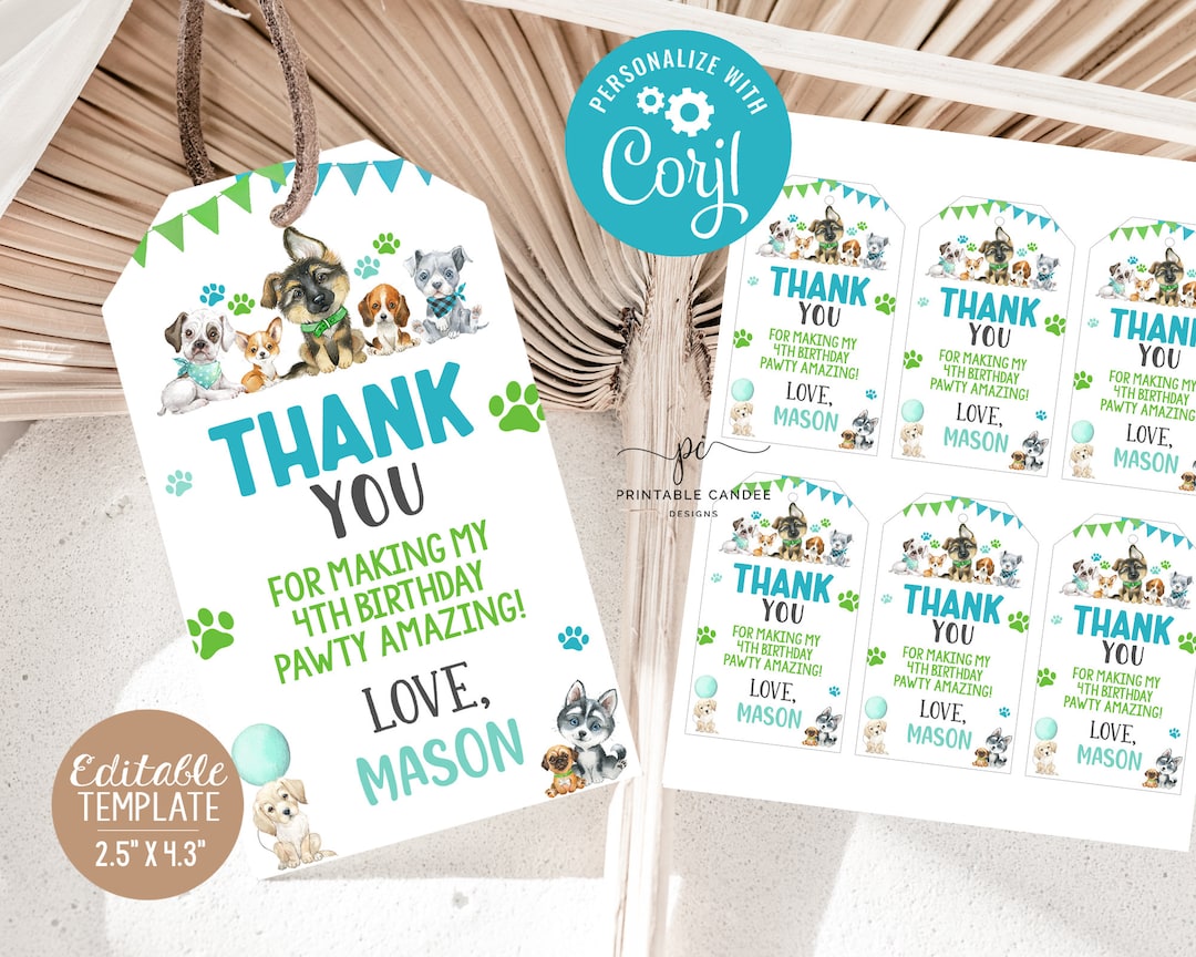 Editable Boy Puppy Favors Dog Birthday Party Blue Green Watercolor Pet ...
