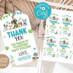 Editable Boy Puppy Favors Dog Birthday Party Blue Green Watercolor Pet Theme Pawty Favor Tags Template Printable