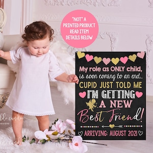 Cupid Valentine&#39;s Day Pregnancy Announcement Pink Gold Promoted to Big Sister Sign Printable Chalkboard File