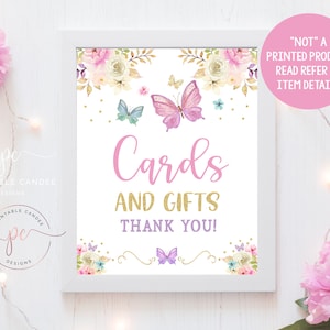 Butterfly Cards and Gifts Sign Baby Shower Pink Purple Aqua Gold Garden Tea Party Theme Table Sign Printable