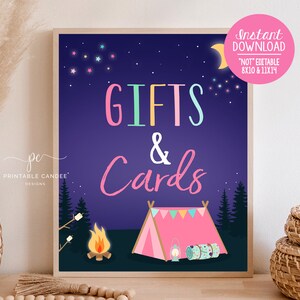 Signe de cadeau de camping pour fille, feu de joie, décoration d'anniversaire, arrière-cour, cadeaux de fête, cartes, thème de soirée pyjama imprimable