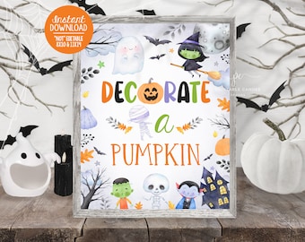 Halloween Decorate a Pumpkin Sign Neutral Ghost Party Decor Boy Girl Theme Birthday Game Activity Instant Download Printable Digital