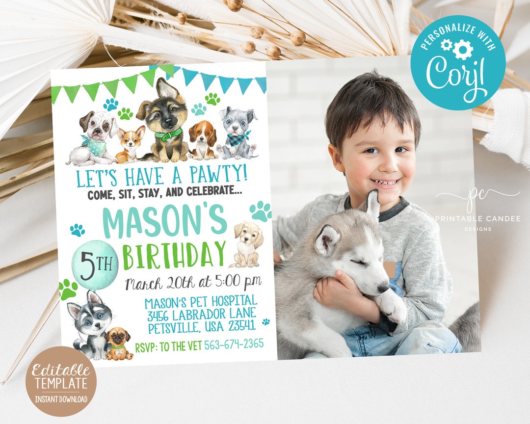 Editable Boy Puppy Birthday Invite Blue Green Dog Party Invitation ...