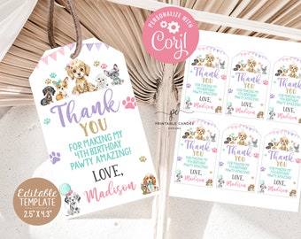 Pode incluir: Etiquetas de agradecimento imprimíveis com um grupo de cães de desenho animado com detalhes rosa, roxo e turquesa. O texto diz "Obrigado por tornar meu 4º aniversário pawty incrível! Com amor, Madison". As etiquetas medem 2,5 polegadas por 4,3 polegadas.