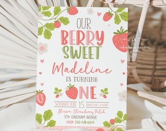 Strawberry 1st Birthday Invitation Berry Editable Invite Girl Pink Red Summer Fruit Party Berry Sweet Theme Template SP24