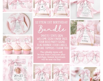 Pink Bow 1st Birthday Bundle Templates Coquette Decor First Party Girly Theme